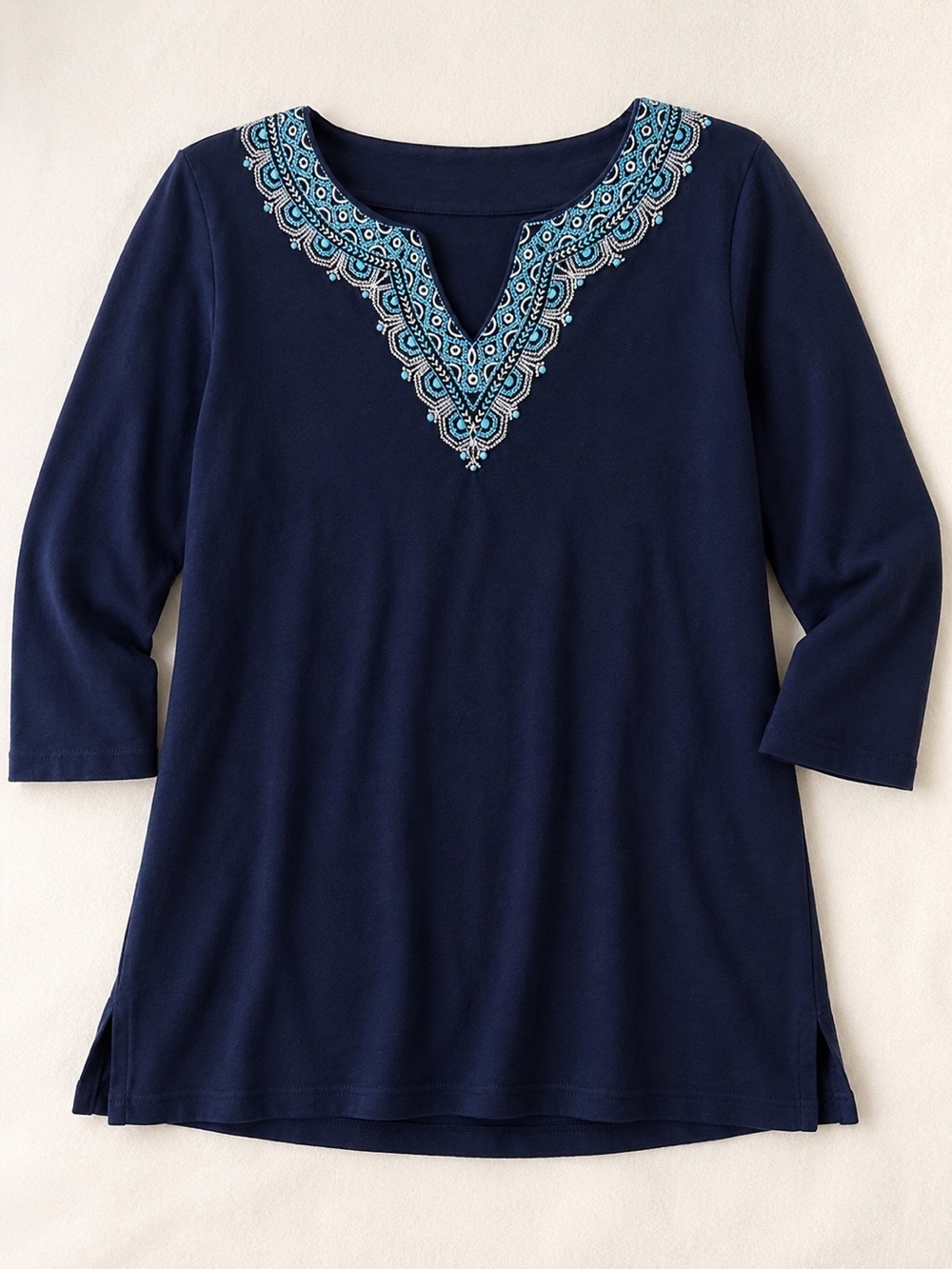 Talbots Petite XL Navy Embroidered Tunic Top 100% Cotton 3/4 Sleeve Boho Blouse